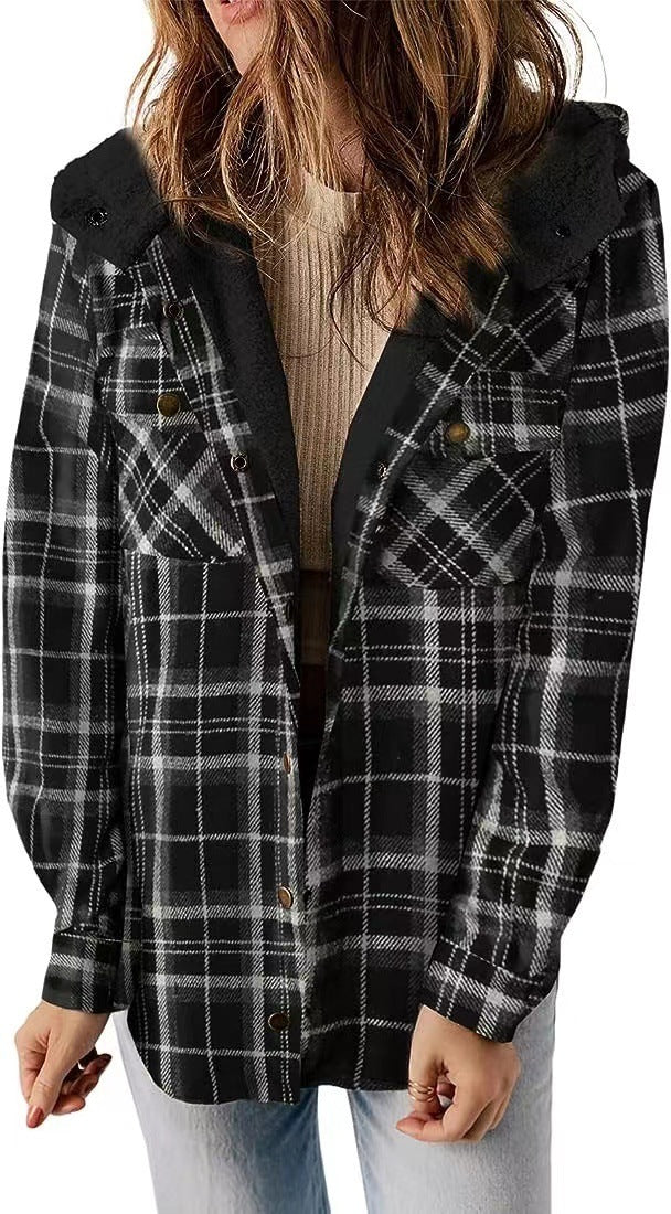 Limorista - Casual Plaid Hooded Woolen Coat Thickened Fleece-lined Warm Jacket