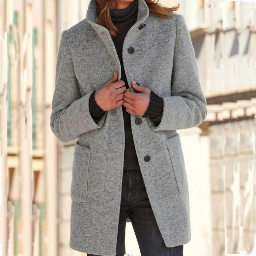 Fashion Stand Collar Woolen Coat With Pockets Fall Winter Casual Button Outwear For Women Clothing Limorista