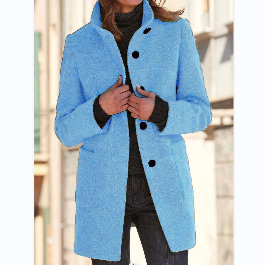 Fashion Stand Collar Woolen Coat With Pockets Fall Winter Casual Button Outwear For Women Clothing Limorista