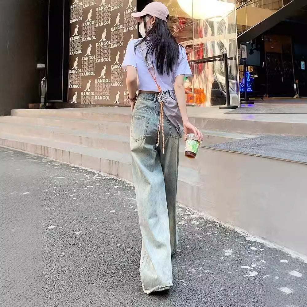 Retro Cement Yellow Straight Wide-leg Jeans For Women Spring And Summer New Loose Slim High Waist Drape Long Pants Limorista