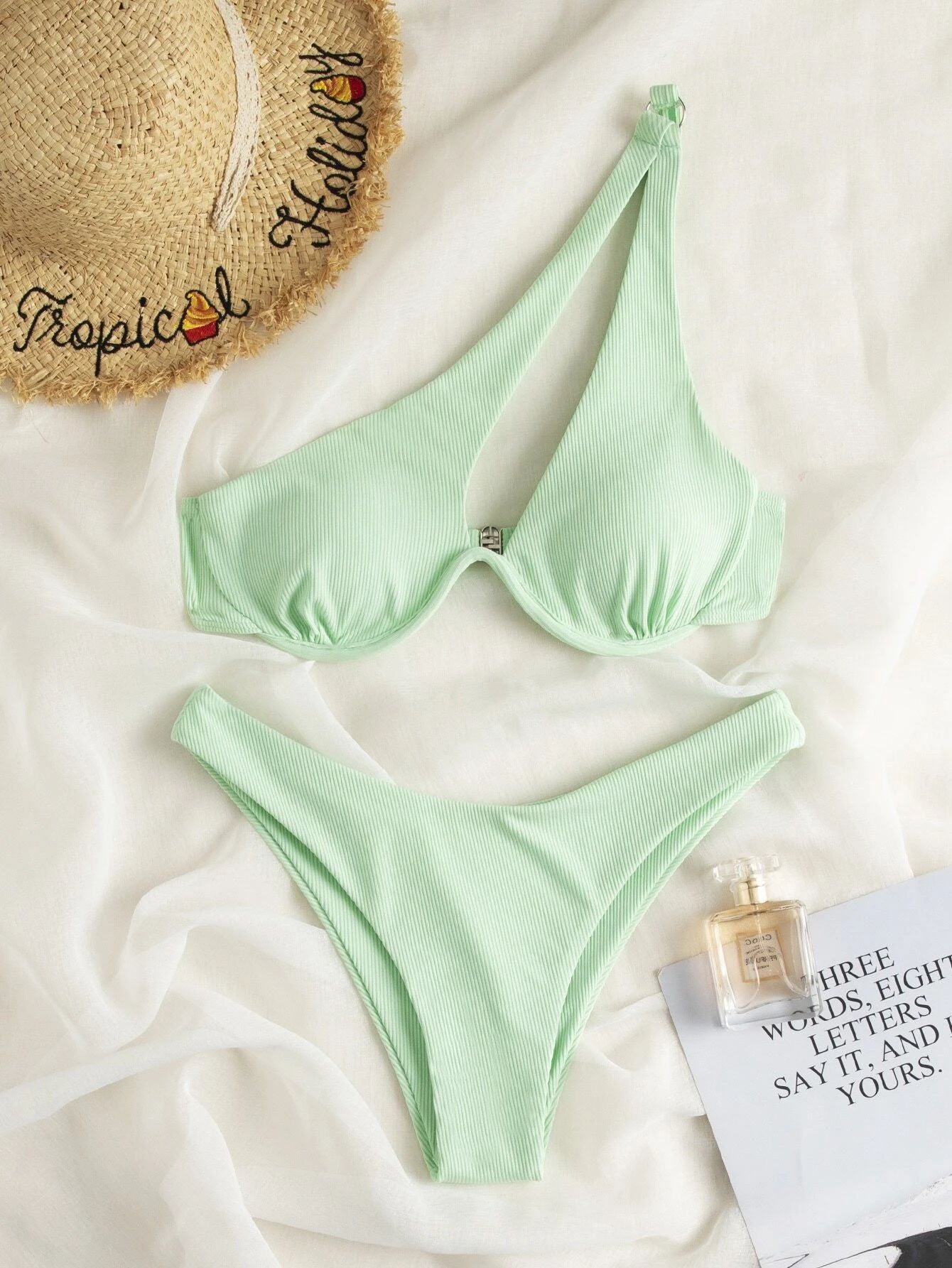 Ladies Split Swimsuit Solid Color One Shoulder Underwire Bikini Limorista