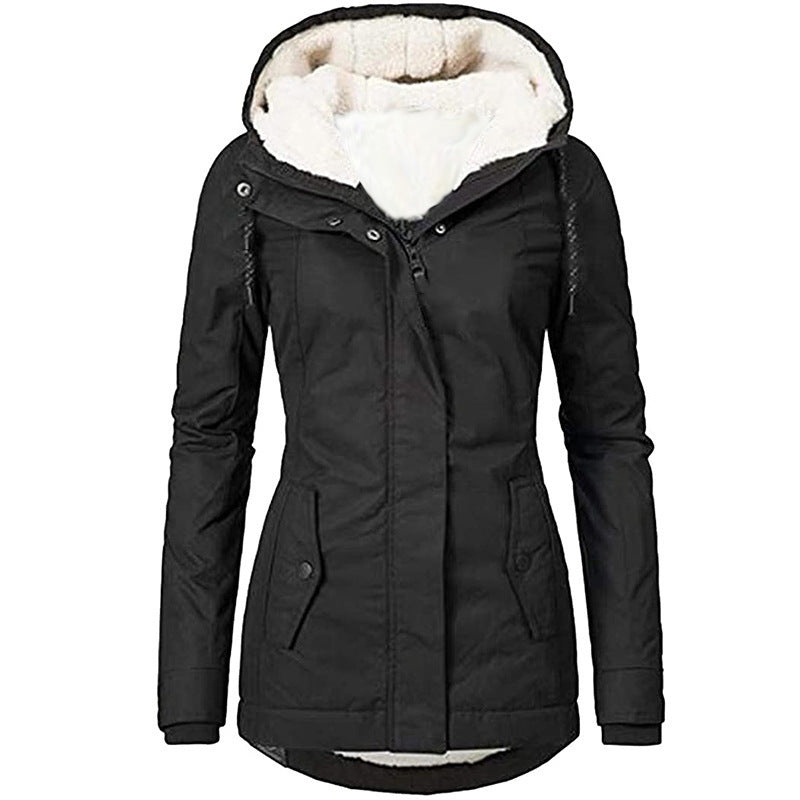 Solid Color Pocket Long-sleeve Zipper Fleece Padded Coat Women Limorista