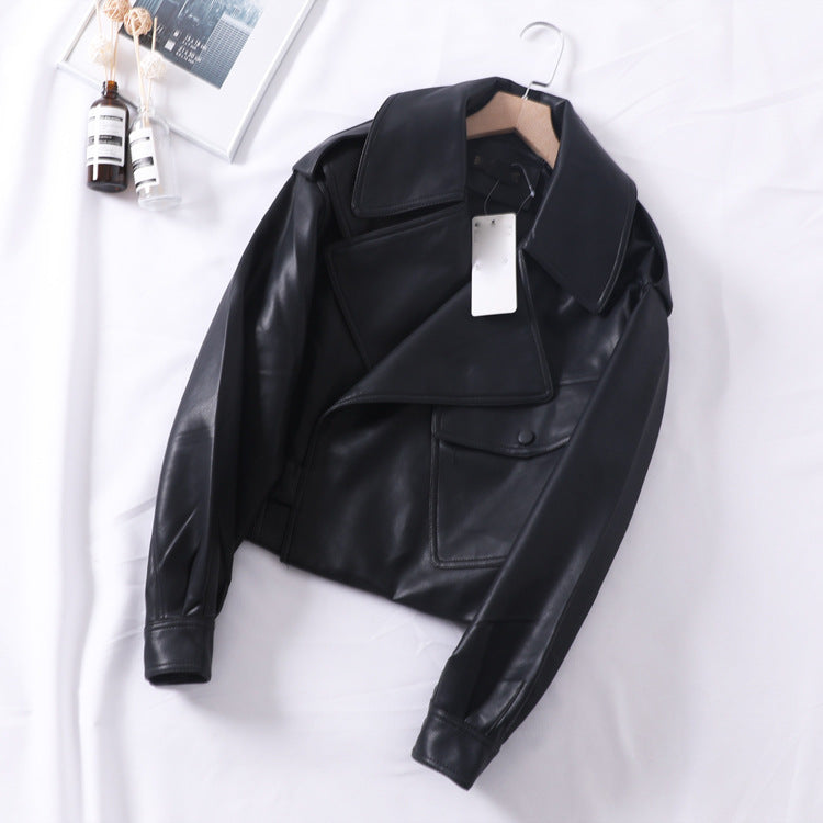 Loose cropped leather jacket motorcycle jacket Limorista