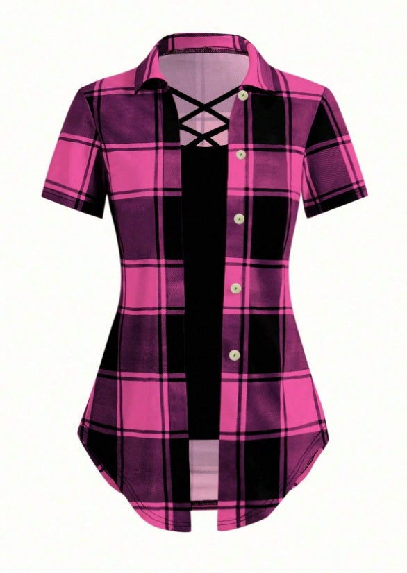 Unity AB Splicing Collar Turn-D2 In 1 Plaid Short-Sleeved T-Shirt Limorista