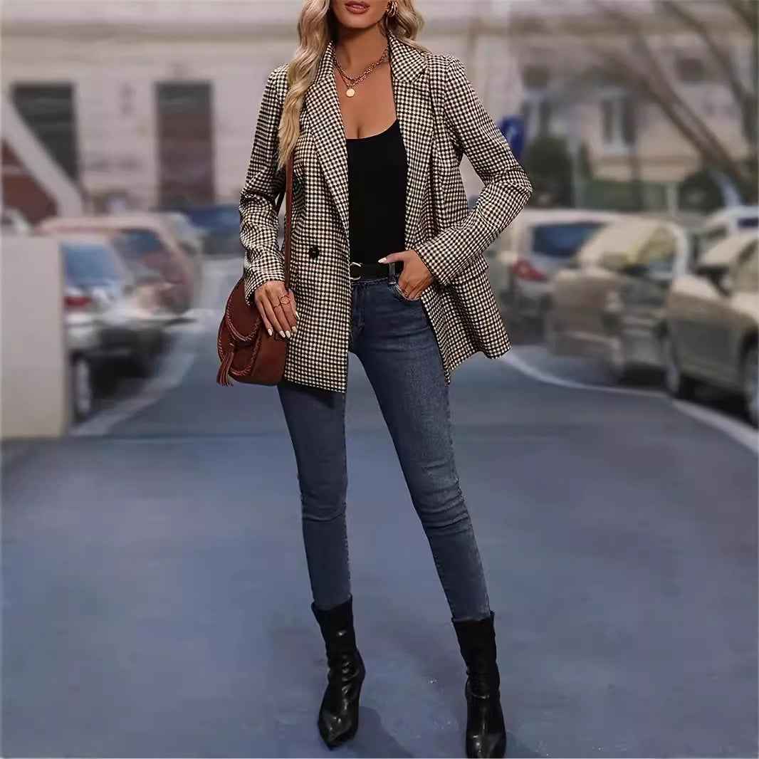 Limorista - European And American Plaid Single-row Coat For Women