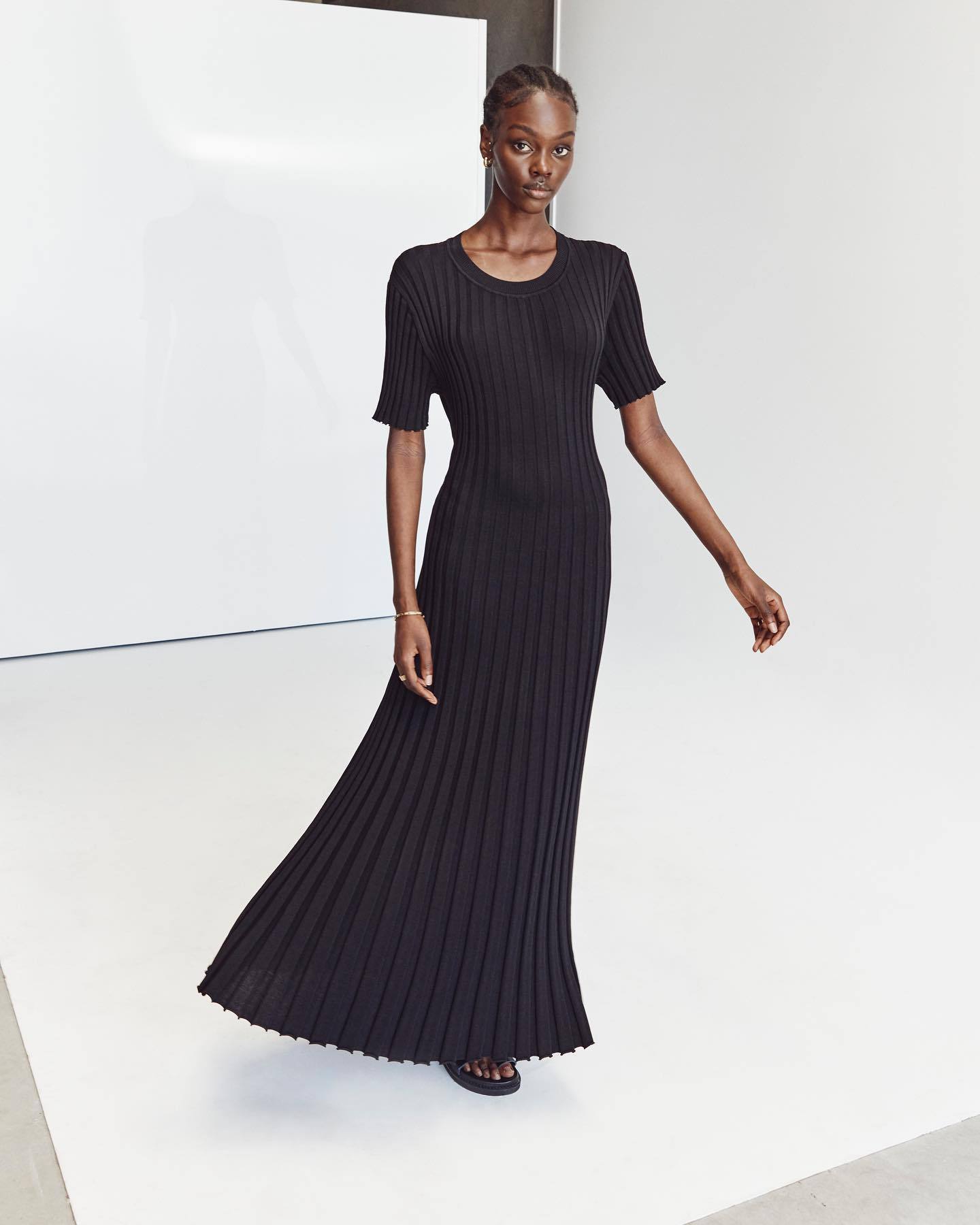 Knit Casual Tight Waist Round Neck Big Pit Stripe Slimming Knitted Long Dress Limorista