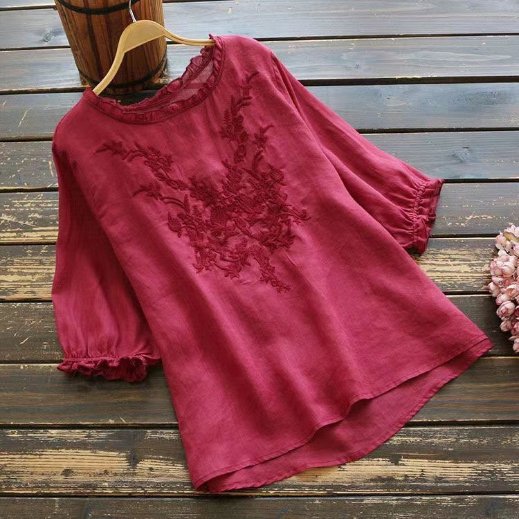 Art Style Short Sleeve T-shirt Female Embroidered Plus Size Limorista