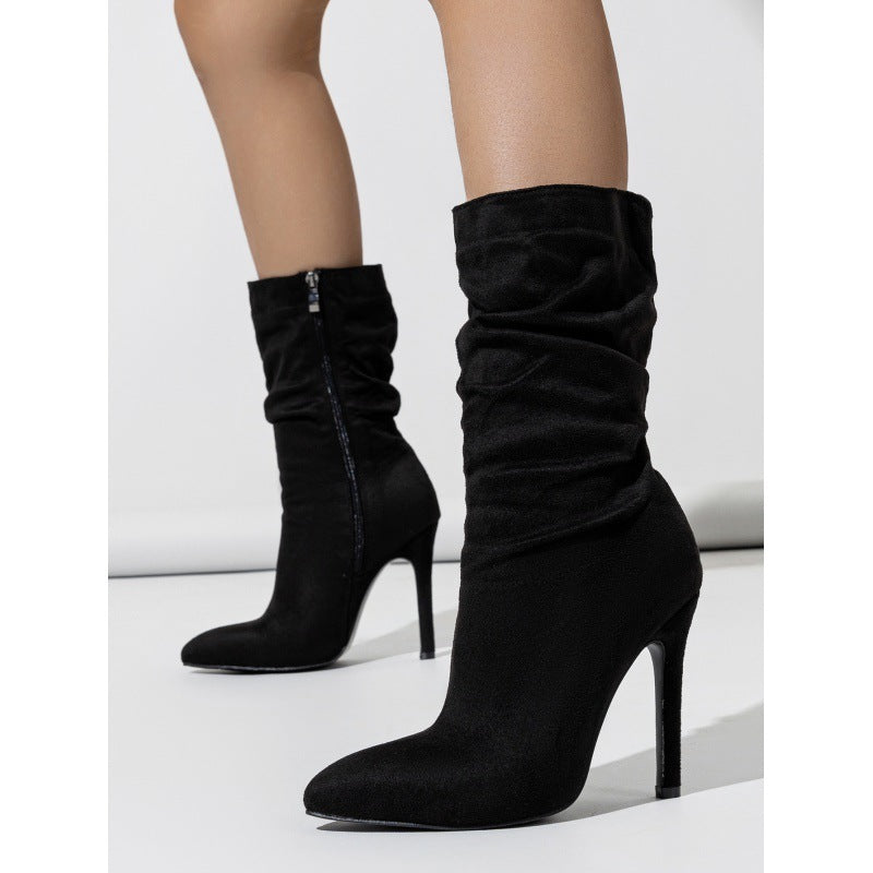 New Style Natural Wrinkle Stiletto Pointed Toe Fashion All-match Street Middle Boots Limorista