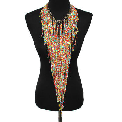 Ethnic Style Long Rice Bead Tassel Necklace Bohemia Exaggerated Performance Necklace Earring Set Limorista