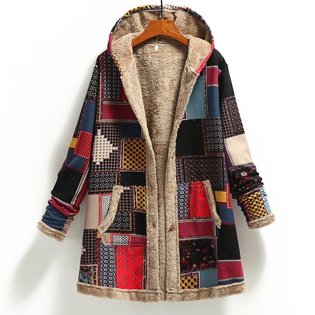Cotton and linen printed hooded sweater warm plush jacket Limorista