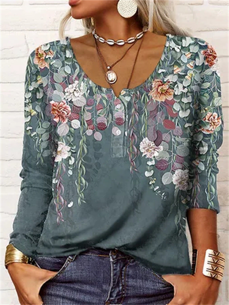Limorista - Long Sleeved Geometric Flower Mang U-neck Button Up T-shirt For Women