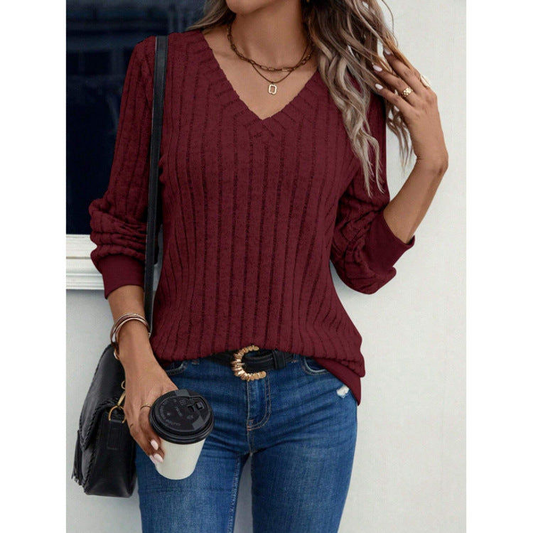 Fall V-neck Brushed Sunken Stripe Solid Color Top Women&