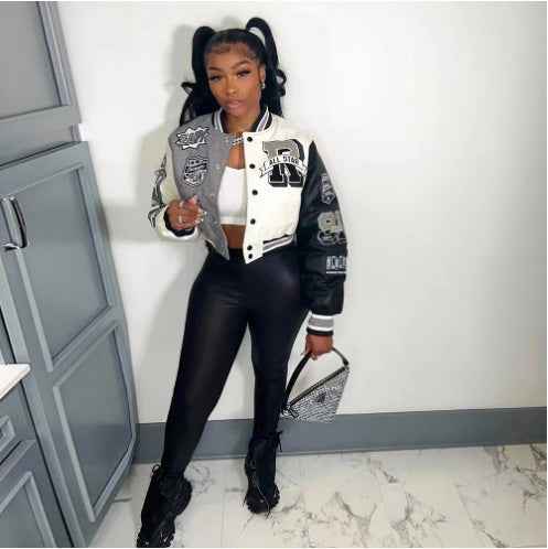 Limorista - Color Block Press Button Fashion Printed Double Layer Jacket