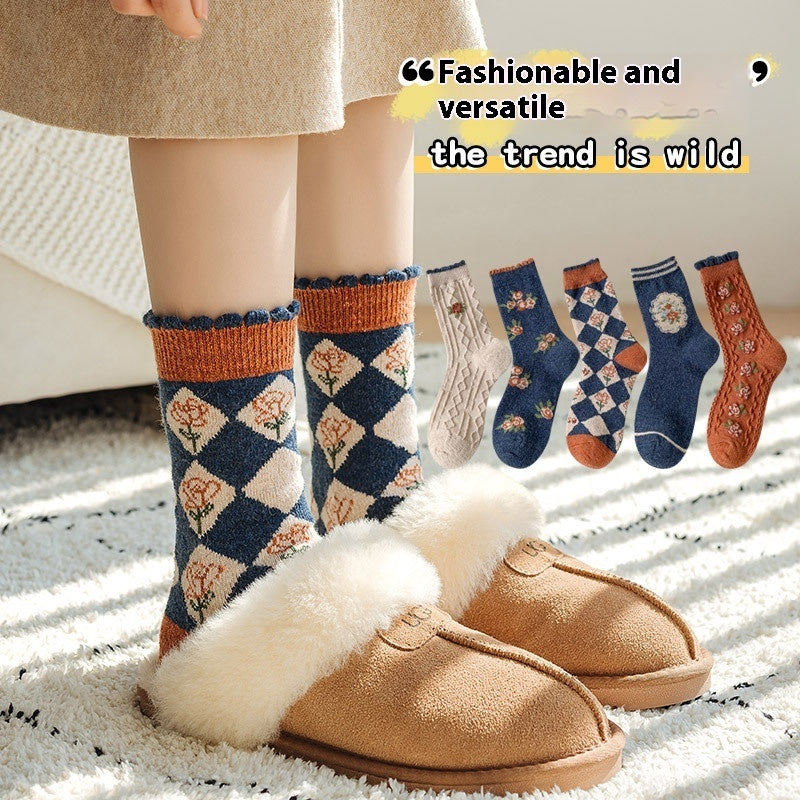 Vintage Small Flower Wool Socks Fleece Lined Padded Warm Keeping Tube Socks Limorista