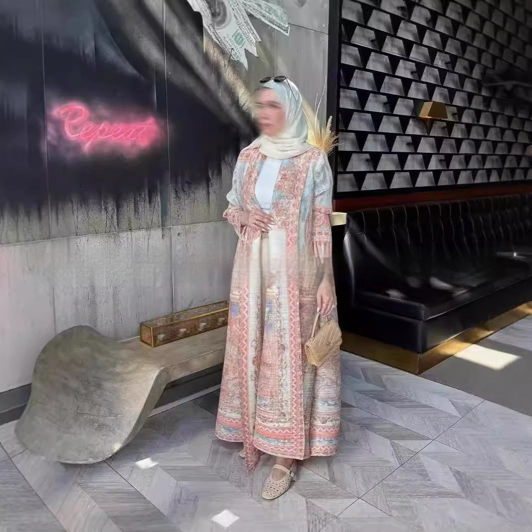 Pleated Trench Djellaba Hot-selling Printed Shawl Cardigan Ethnic Style Cloak Coat Limorista