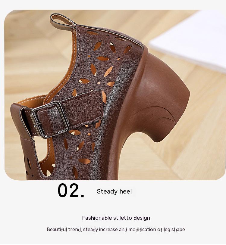 High Heel Retro Hollow Sandals Spring And Summer New Round Toe Buckle Mom Shoes Limorista