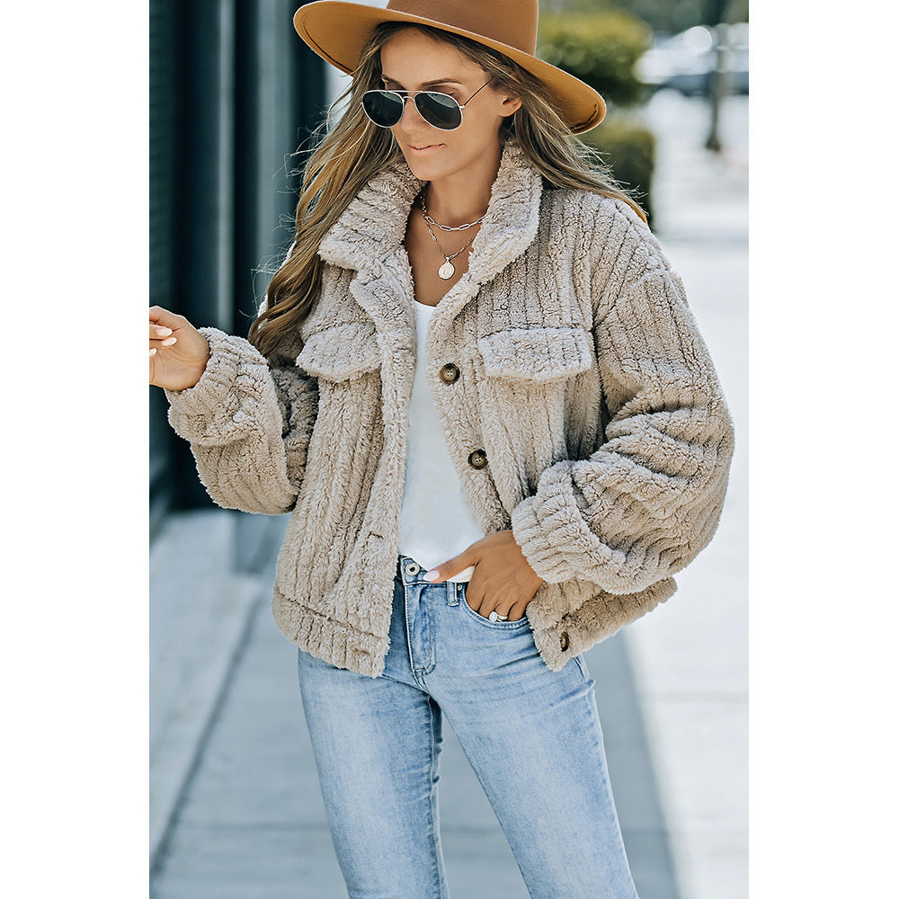 Winter New Khaki Plush Wool Fashion Thick Warm Long Sleeves Coat For Women Limorista