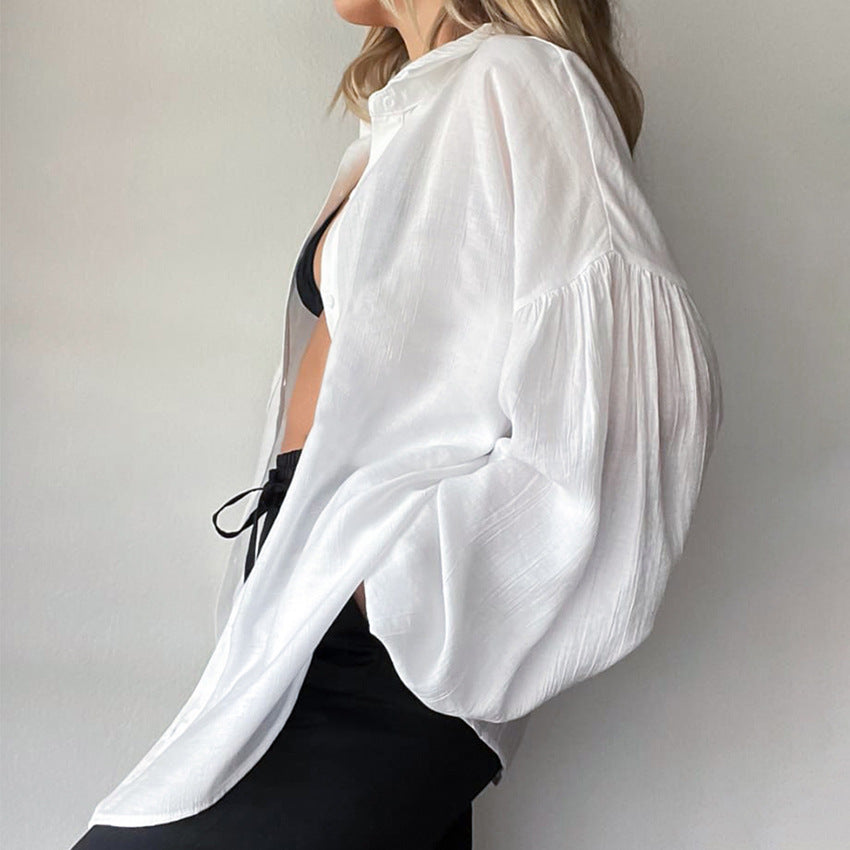 Summer New Lantern Sleeve Transparent Shirt White Coat Casual Women&