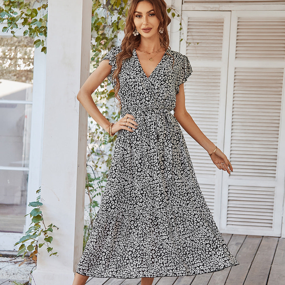 Summer Dresses Ruffle Cap Sleeve V Neck Belt Wrap Split Boho Floral Long Casual Party Beach Dress Limorista