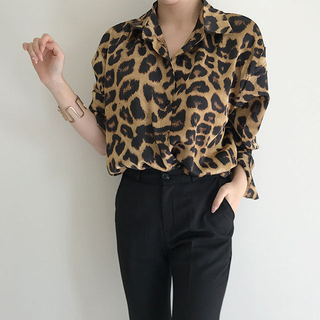 Vintage Leopard Print Loose Long Sleeve Shirt Limorista