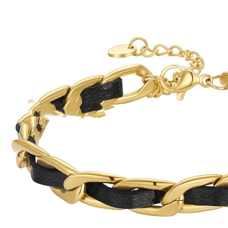 18K Gold Titanium Steel Plated European And American Fashion Metal Chain Leather Rope Limorista