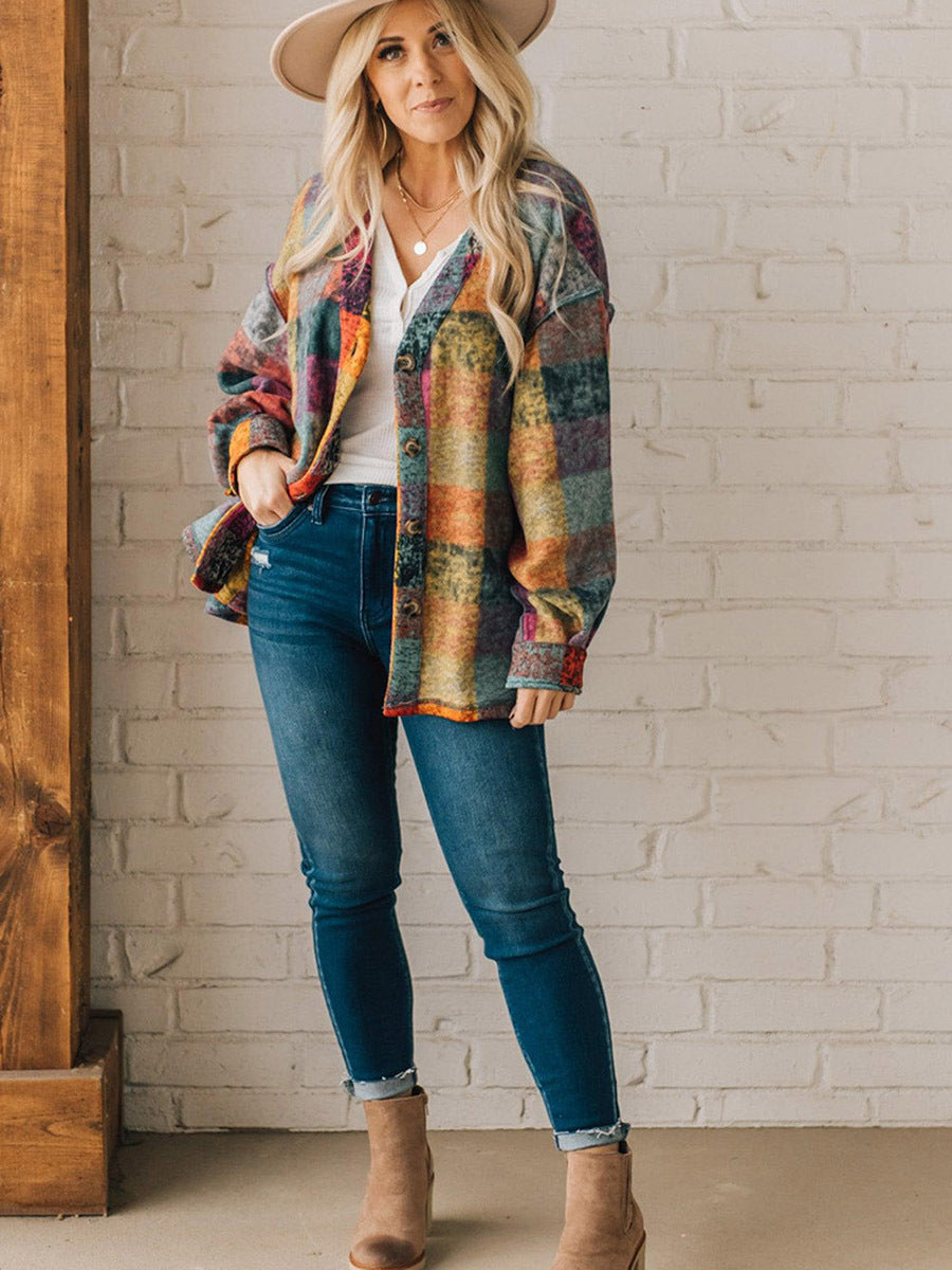 Female Multicolor Plaid Loose Jacket Limorista