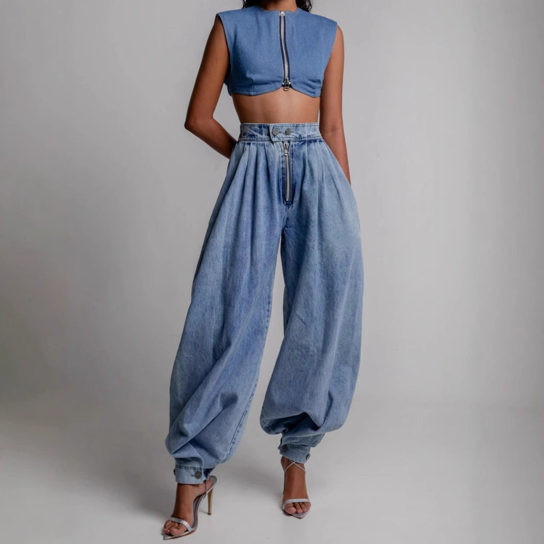 High Waist Zipper Denim Loose Harem Pants Limorista