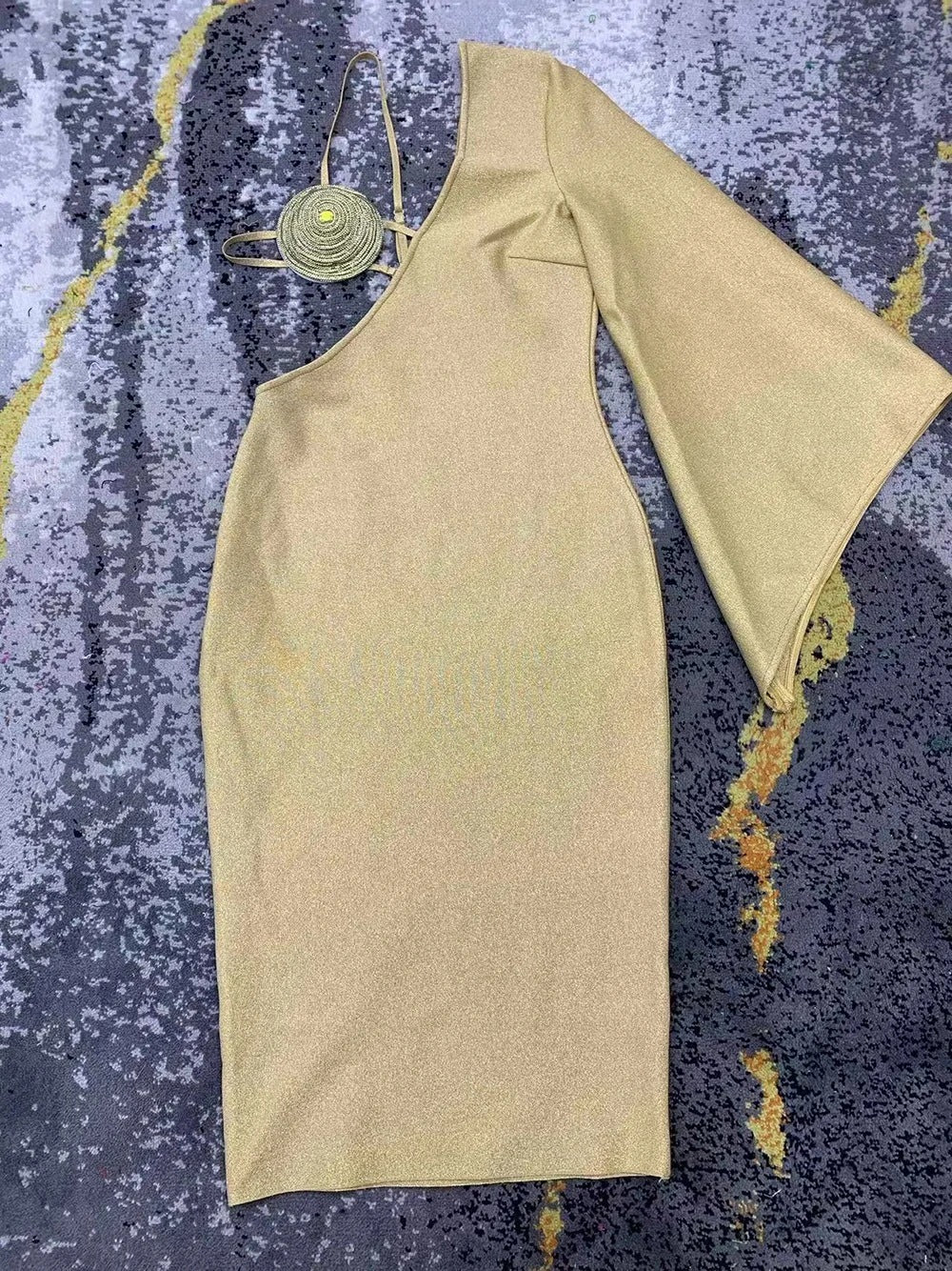 V-neck One-shoulder Flared Long Sleeve Bandage Dress Limorista