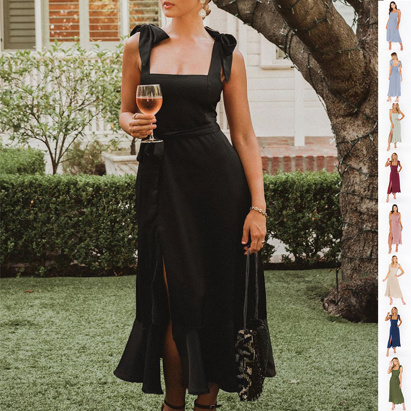 Temperament Suspender Split Dress With Lace-up Design Fashion Summer Ruffled Beach Dresses For Women Limorista