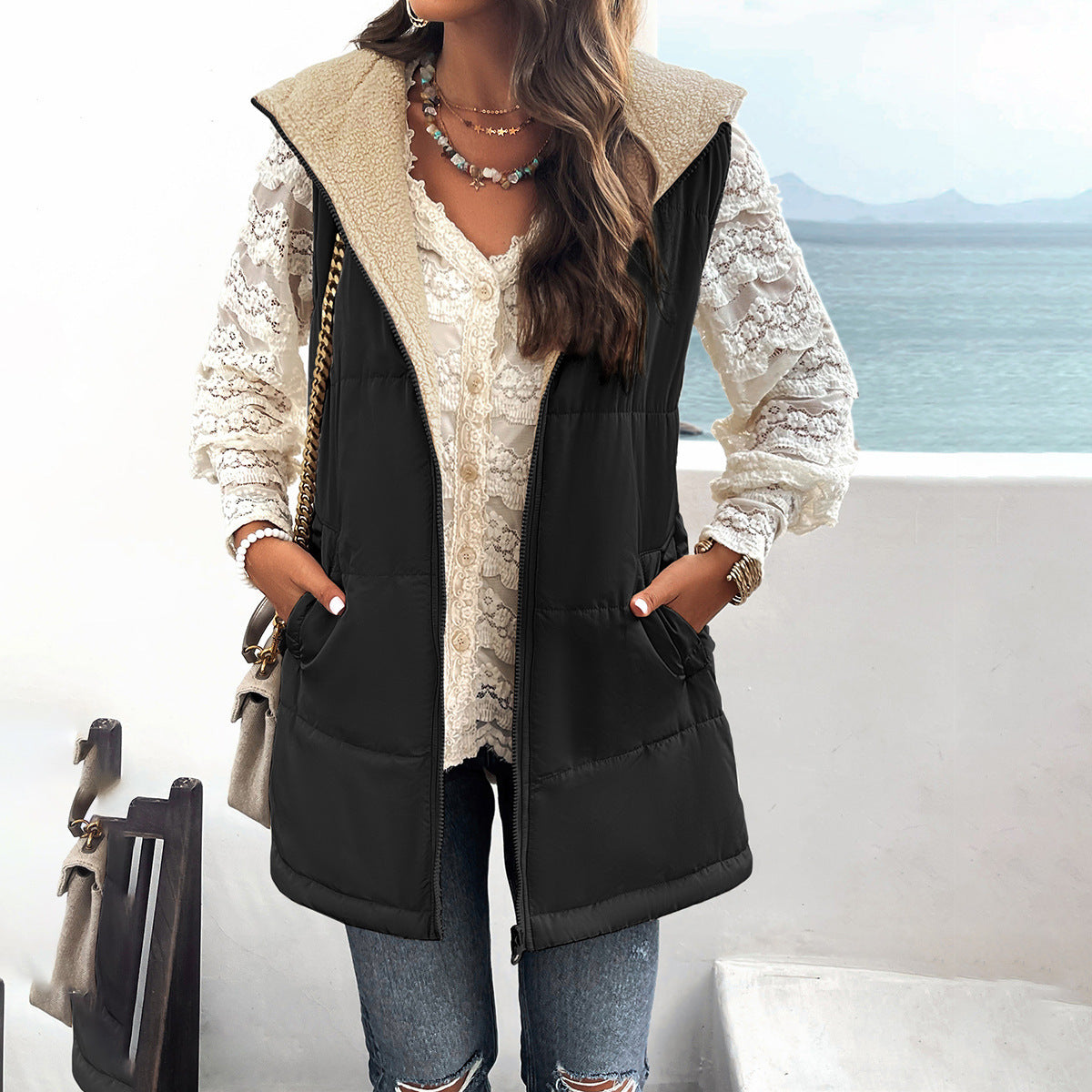 Winter Vest Women Loose Commuting Mid-length Hooded Cotton Jacket With Pockets Fashion Warm Zipper Fluffy Coat Outdoor Clothing Limorista