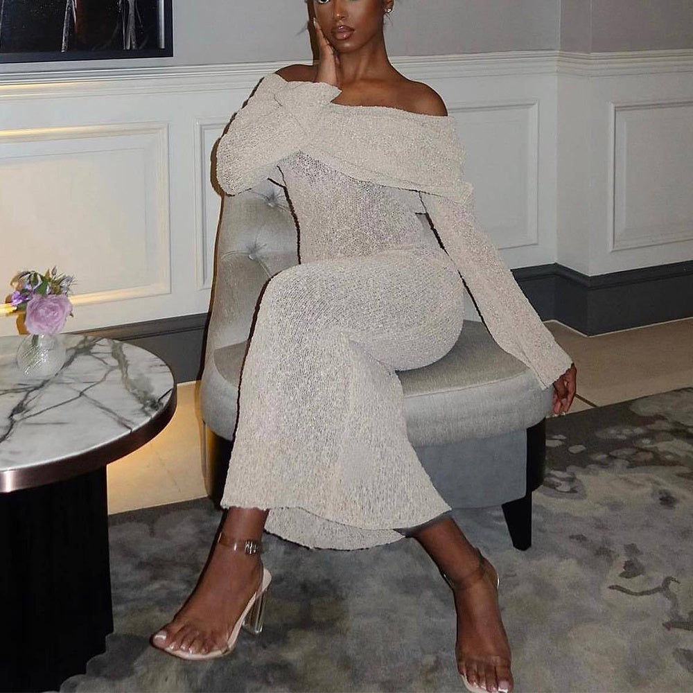 New One-shoulder Knitted Long-sleeved Dress Sexy Beach Holiday Long Dresses Womens Clothing Limorista