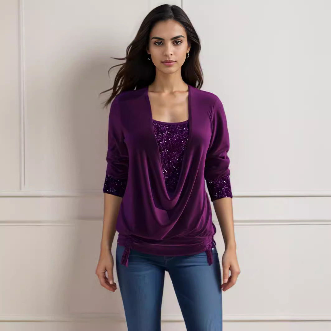 Limorista - Sequin Contrast Solid Color Long Sleeve Women&