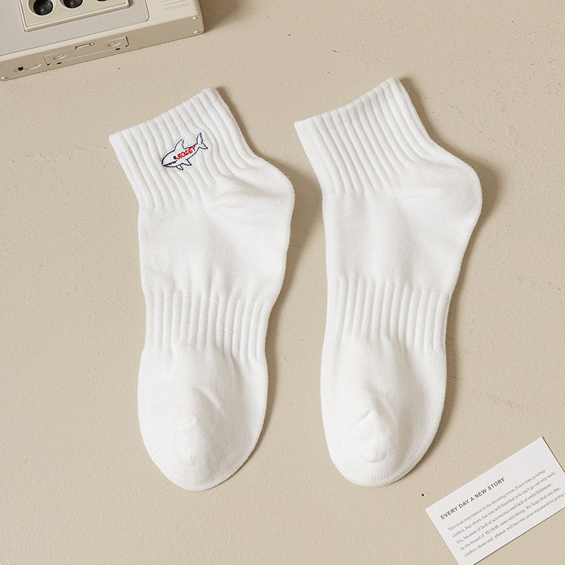 Black And White Embroidered Shark Pure Cotton Sweat Absorbing Athletic Socks Limorista