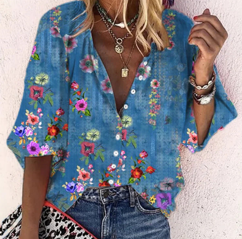 Fashion V-neck 3d Floral Printed Long-sleeved Top Limorista