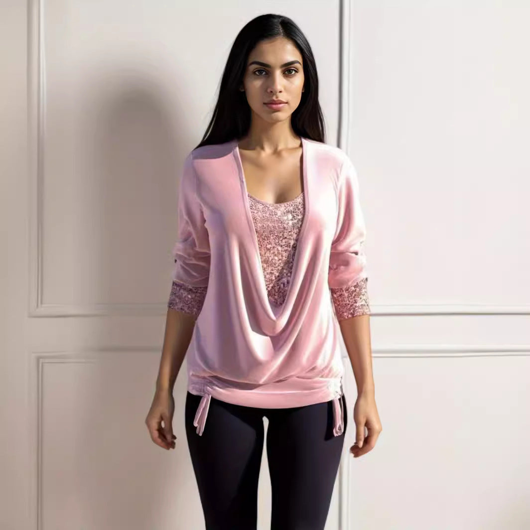 Limorista - Sequin Contrast Solid Color Long Sleeve Women&