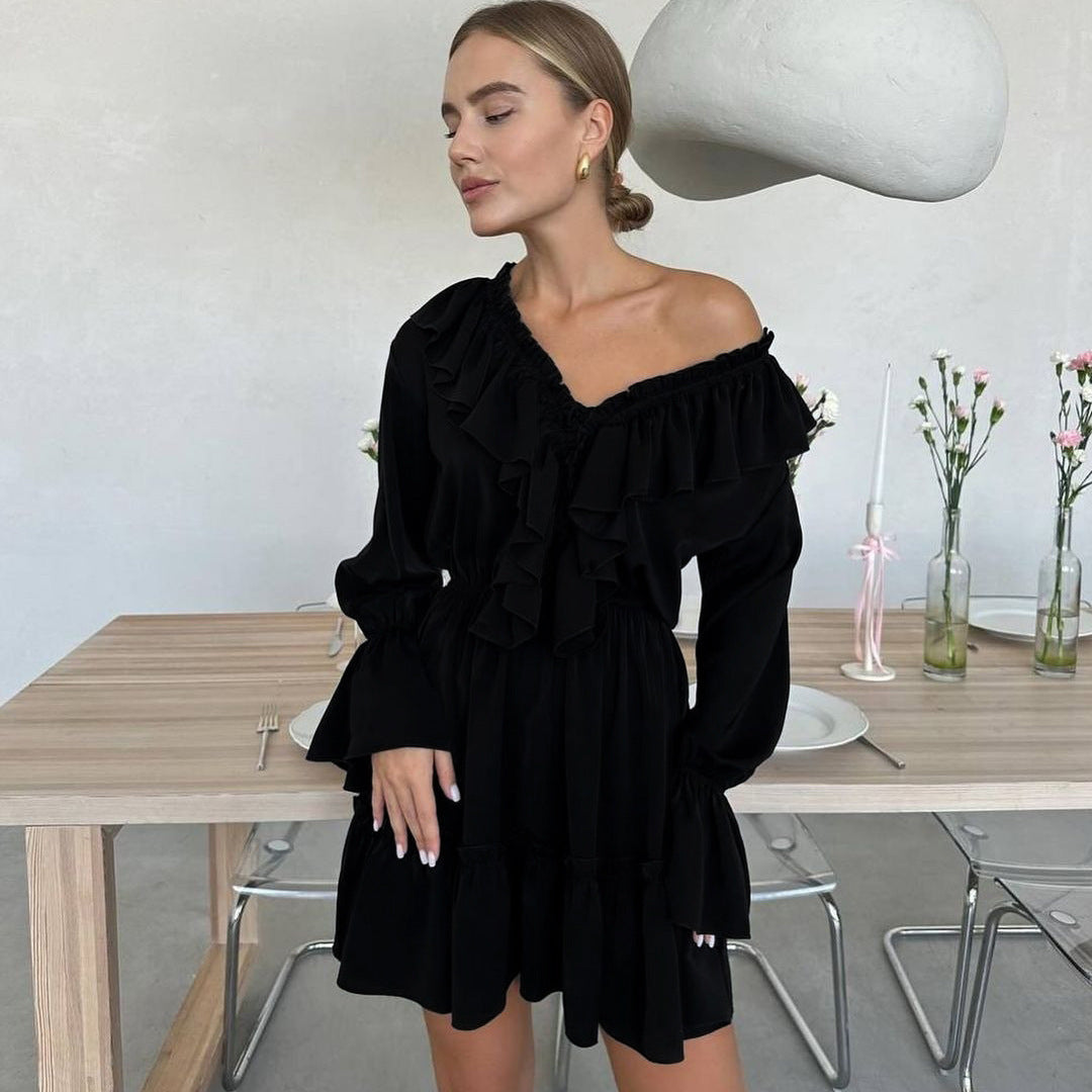 Fashion V Neck Pleated Ruffle Long Sleeve Dress Y2K V Neck Flared Sleeve Short Dress Women&