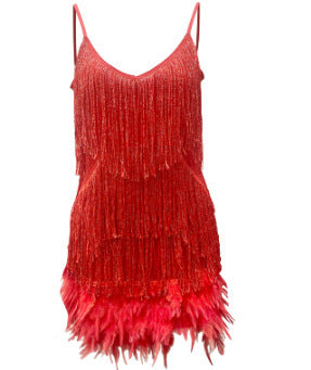 Sexy Tassel Sequins Feather Summer Mini Dress Women V Neck Spaghetti Strap Stitching Dresses Female Elegant Evening Party Club Dress - Limorista