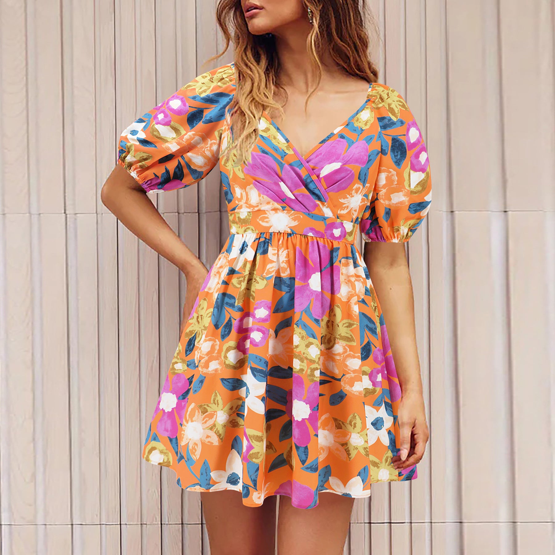 Flowers Print V-Neck Lantern-sleeve Dress Y2K Summer Vacation Beach Short Dresses Fashion Womens Clothing - Limorista