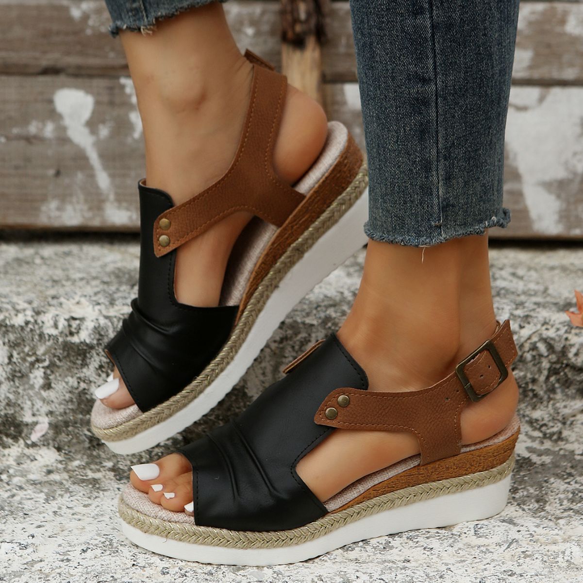 Fish Mouth Wedges Sandals With Straw Design Summer Peep Toe Buckle Beach Shoes For Women Limorista