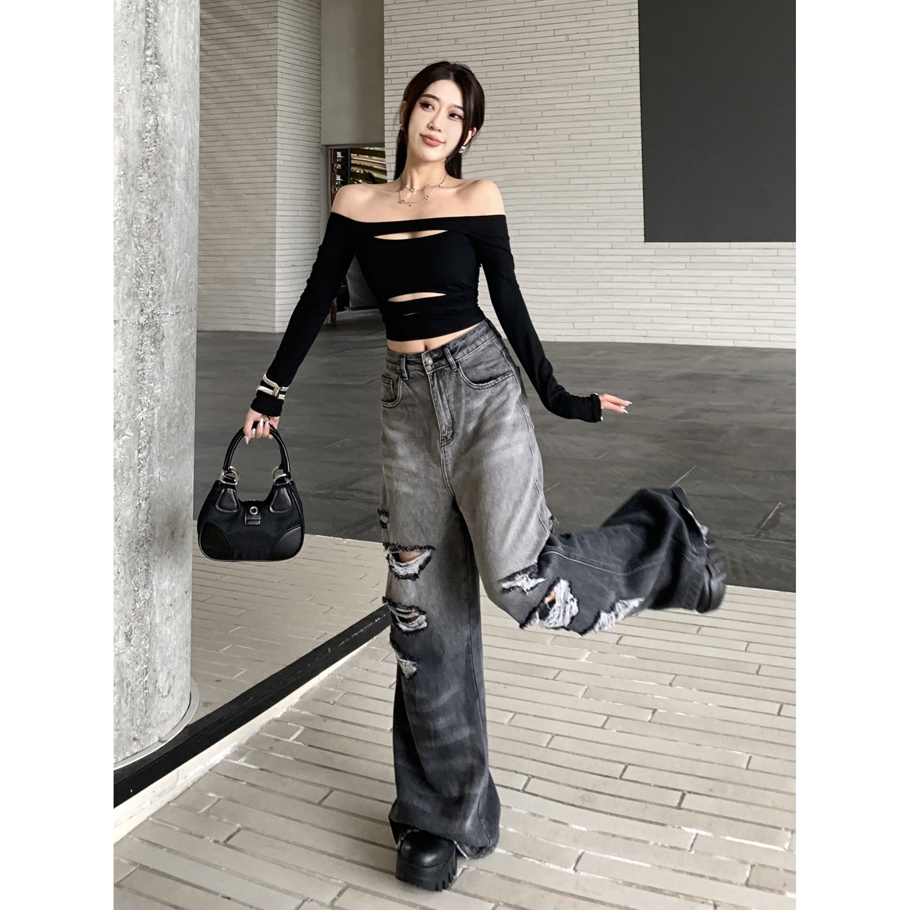 Gradient Color Big Ripped Hot Girl Wide Leg Jeans For Women Limorista