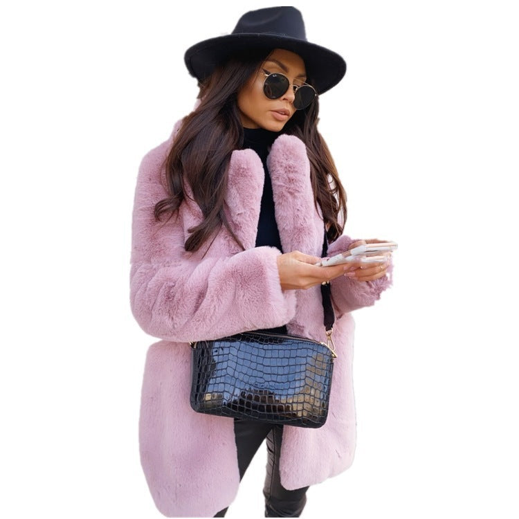 Temperament Long Sleeve Lapel Faux Fur Coat Solid Color Coat Women Fur Fur Women&