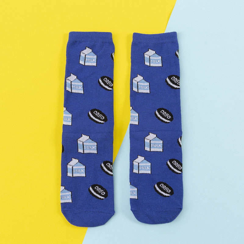 Avocado Chips Egg Fun Patchwork Color Medium Tube Cotton Socks Female Limorista