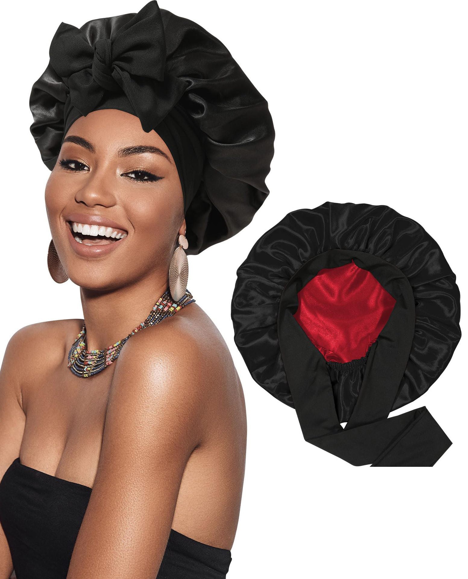 Double-layer Satin Ribbon Round Cap Bow Artificial Silk Beauty Hair Care Wide-brimmed Hat Limorista