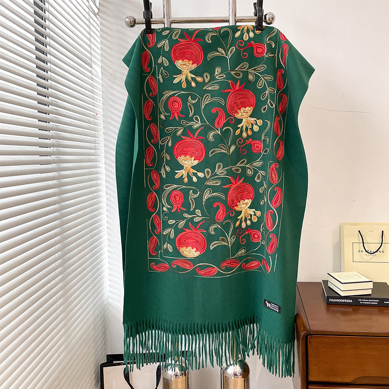 Contrast Color Pomegranate Leaf Embroidered Double-sided Shawl Limorista