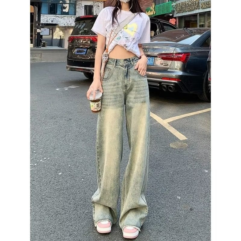 Retro Cement Yellow Straight Wide-leg Jeans For Women Spring And Summer New Loose Slim High Waist Drape Long Pants Limorista