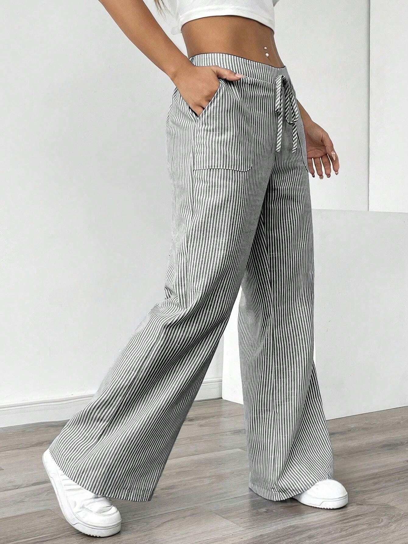 New Striped Trousers With Pockets Casual Versatile Loose Wide Leg Pants Women&