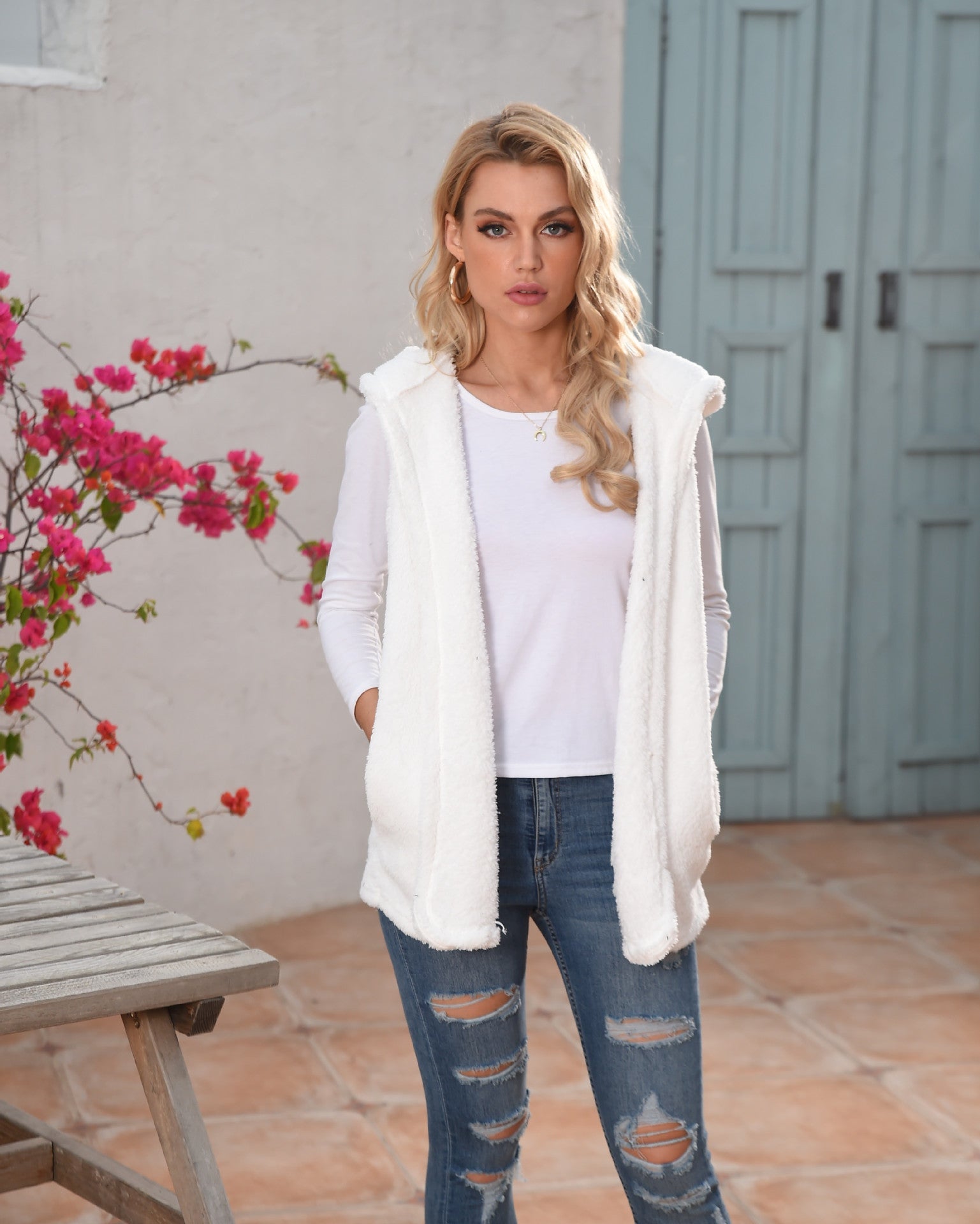 Mid-length Solid Color Hooded Vest Plush Skirt For Women Limorista