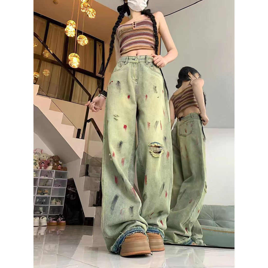 High Waist Painted Raw Edge Ripped Wide Leg Jeans For Women Loose Drape Straight Floor-length Trousers Limorista