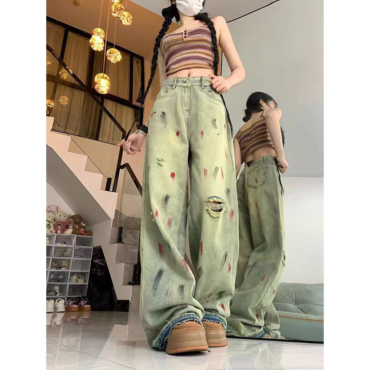 High Waist Painted Raw Edge Ripped Wide Leg Jeans For Women Loose Drape Straight Floor-length Trousers Limorista