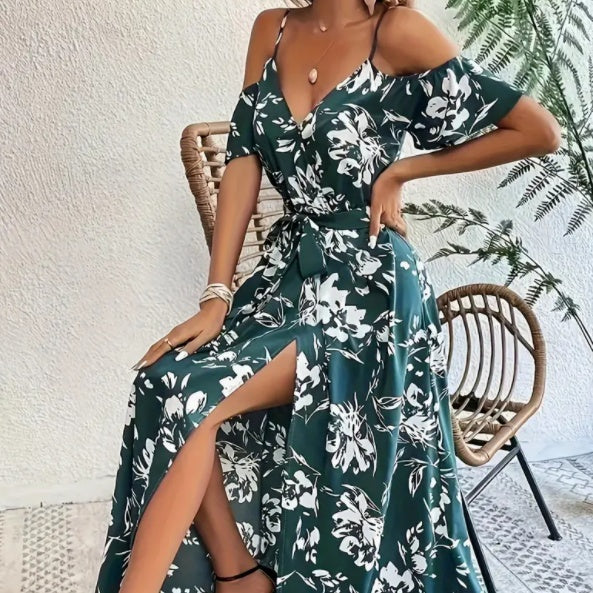 Flower Print Split Suspender Dress With Lace-up Design Summer Fashion Long Dresses Beach Clothing For Women Limorista